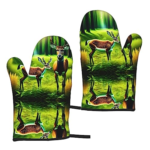 Cute Deer In The Forest Oven Mitts, Heat Resistant Kitchen Gloves For Bbq, Cooking, Grilling, Baking, Microwave, Set Of 2/11Inch #TOP7
