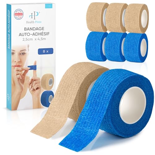 Pansements auto-adhésifs pour les doigts - 8x rouleau de pansement en 4x bleu + 4x beige (2,5cm x 4,5m) - Bandage auto-adhésif - Bande élastique...
