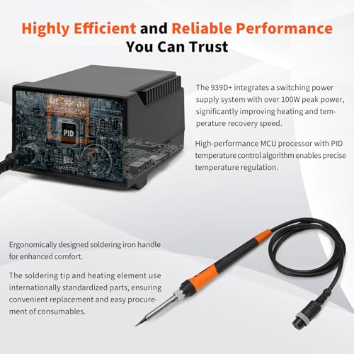 Image of 939D+ Digital Soldering Station, 100W Equivalent Soldering Iron Kit with PID Temperature Control (392F-896F), F /C Display, Fast Heating, ESD Safe, Lead Free Accessories (Orange)