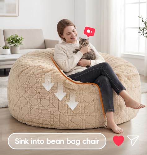 Image of 4FT Bean Bag Chair Bean Bags for Adults Large Bean Bag Beanbag Chair with Washable Cover Quilted Plush Fluffy Bean Bags Memory Foam Bean Bag Chairs Pocket Handle Bedrooms Living Room Office(Khaki)
