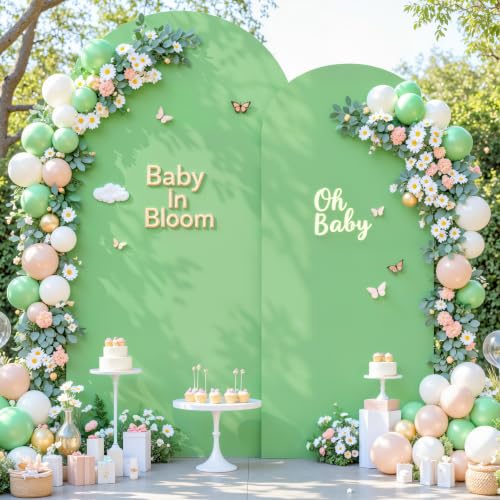 Image of Beige and Sage Green Arch Backdrop Cover Set of 2-7.2 and 6ft Spandex Wedding Arch Covers Stretchy Backdrop for Baby Shower Bridal Shower Birthday Party Photo Balloon Arch Stand Cover