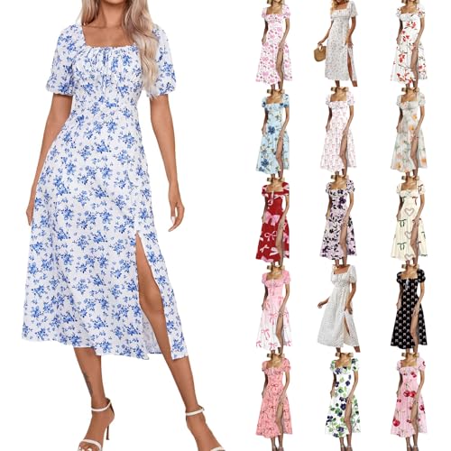 Womens Summer Square Neck Tie Front Sexy Midi Dress Floral Boho