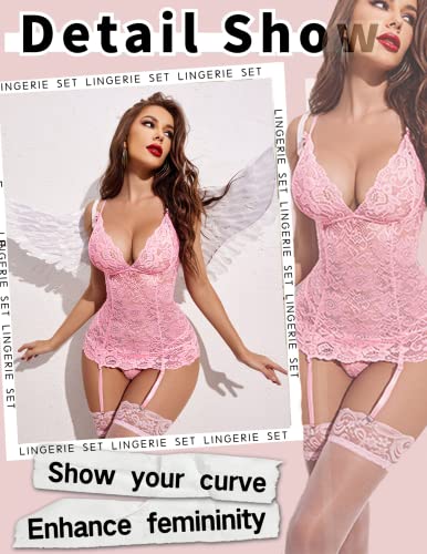 Avidlove Women's Floral Lace Lingerie Sets with Garter Belt 2 Piece Lace Teddy Babydoll Bodysuit Pink L (No Stockings) - Image 4