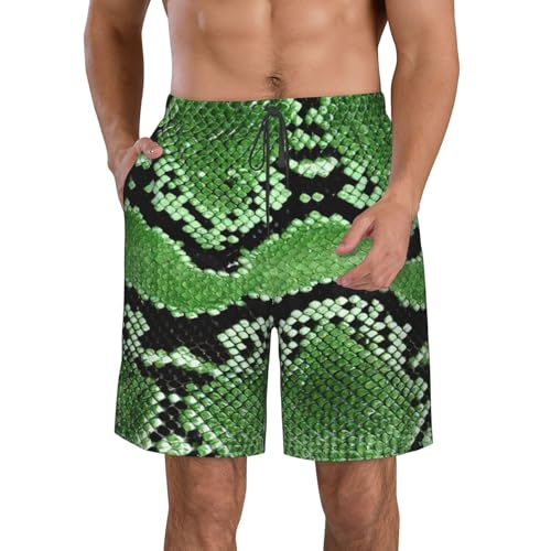 BREAUX Green Snakeskin print Men's Surfboard Shorts Beach Shorts, Men's Casual Beach Shorts, Men's Quick Dry Shorts