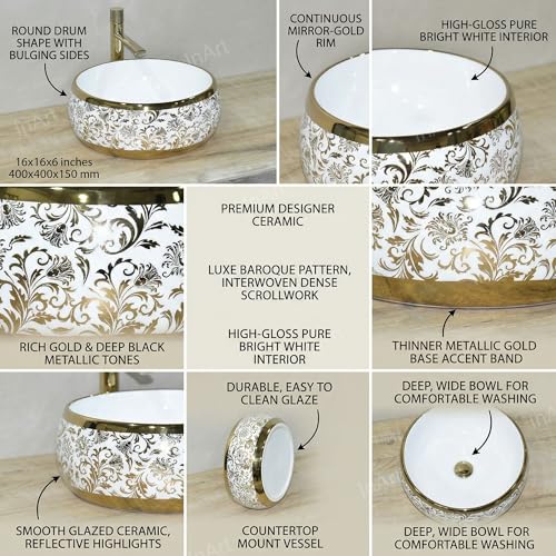 Image of InArt Designer Ceramic Wash Basin /Vessel Sink /Over or Above Counter Top Wash Basin for Bathroom Round Shape Golden White 16 x 16 x 6 Inch