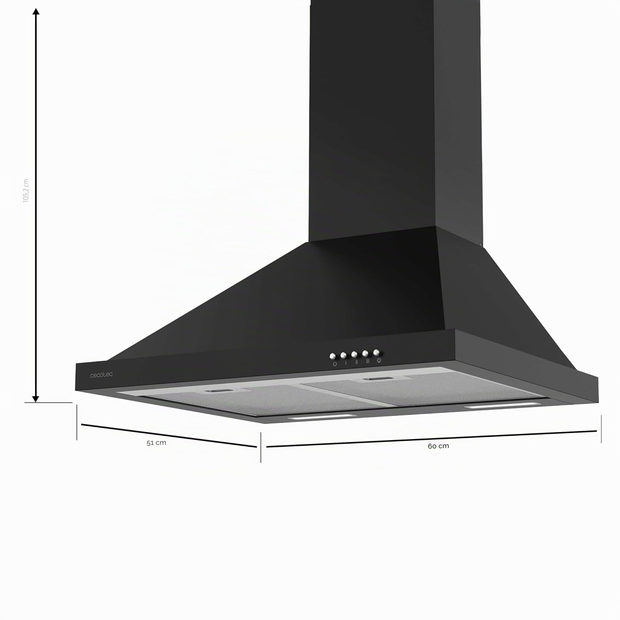 Cecotec Cappa Estrattore 60 cm Piramidale Bolero Flux PM 606500 Black A. Motore 165 W, finitura inox, aspirazione 650 m3/h, controllo meccanico, 3 livelli di potenza, luce e filtro al carbonio