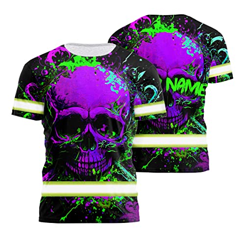 Maddly Hi Vis Shirt Reflective Tapes Violet Neon Skull Safety Workwear for Workers, Runners, Cyclists, Skull Lovers-S