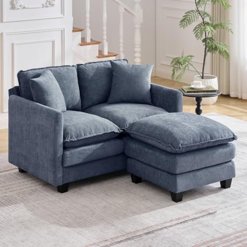 Image of 51'' Cloud Loveseat Couch with Ottoman, Love Seats Cloud Sofa with 2 Throw Pillows, Modern 2 Seater Sectional Couches with Deep Seat, Modular Sofas for Living Room, Bedroom, Small Apartment, Blue