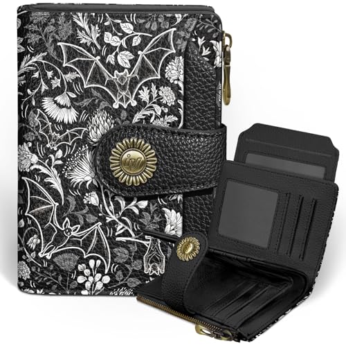 Icycay Goth Gothic Bat Small Wallet Women RFID Blocking Bifold Credit Card Holder Zipper Coin Pocket PU Leather Funny Compact Travel 4 ID Window 14 Card Slots Cash Purse Ladies Woman Female