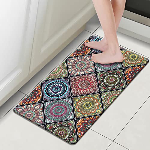 Qiyi Anti Fatigue Kitchen Mat 1 Piece Boho Kitchen Rug Waterproof Oil Proof Runner Rug Floral Medallion Laundry Comfort Standing Mat Cushioned Area Doormat 17" W X 29" L - Ethnic Traditional Pattern #TOP1