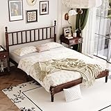 KT Rolster Walnut Wood Bed Frame Queen Size with Spindle Headboard, Queen Platform Bed with Wooden Slat Support, Retro Style Spindle Beds for Boys Girls Kids Adults Toddler, Easy Assembly