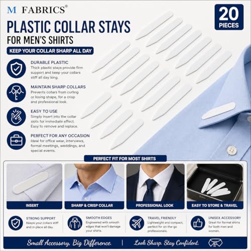 Image of M Fabrics White Plastic Collar Stays Bones Reinforcements Collar Stiffeners for Men's Shirts Formal Dress Accessories Pack of 20 Durable Stays