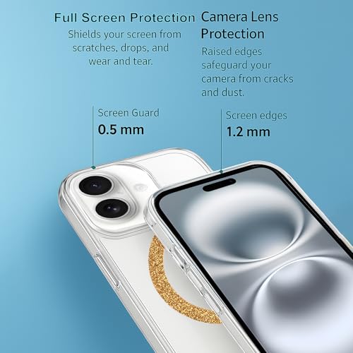 Image of AIBEX Back Cover Case Compatible with iPhone 16 | Glitter Ring Cute Shiny Colorful Bling Case (Compatible with Magsafe) | Transparent PC+TPU Glossy Shiny Cover for Girls & Women - Gold