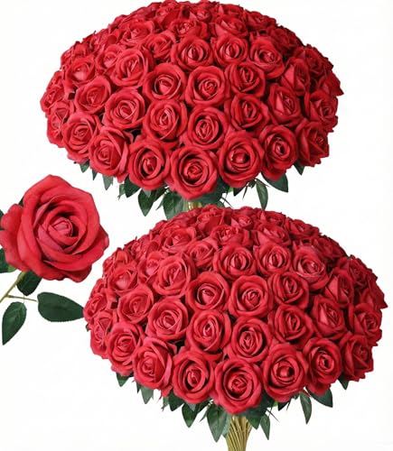LetuoClips 50 PCS Red Roses Artificial Flowers, Fake Red Rose Bouquet, Artificial Silk Red Roses with Stems for DIY Wedding Flowers Decoration, Valentines Day Mothers Day, Bridal Bouquet Roses