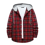 Hoodies for Men Fashion Long Sleeve Plaid Button Shirts Jacket with Hood Casual Stylish Drawstring Sweatshirts Coat Crewneck Sweatshirts Halloween Red M