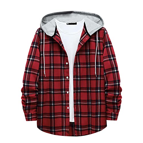 Men's Plaid Hoodie Flannel Shirt Jacket Long Sleeve Casual Fashion Button Shirts Lightweight Hooded Shirt with Pocket