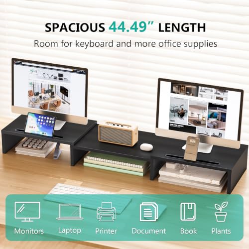 Image of WALI Extra Long Wooden Dual Monitor Stand Riser with 2 Slots, up to 22lbs | Underneath Storage, Adjustable Length & Angle, Multi-Purpose Desktop Organizer Desk Shelf for Home Office PC, Laptop, Printer