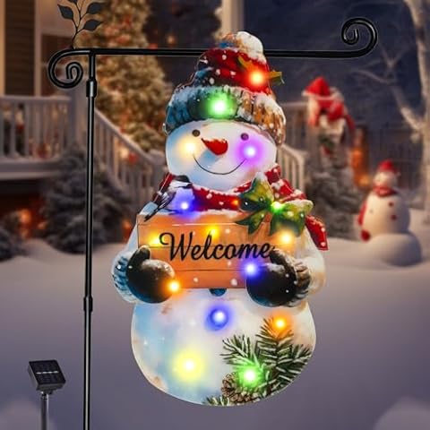 Lighted Christmas Garden Flag 22x13, 8 Modes Double Sided Solar Christmas Decorations Outdoor LED Navidad Flag, Christmas Yard Decorations for Xmas Patio Lawn Door Porch (Snowman Multicolor) Cover
