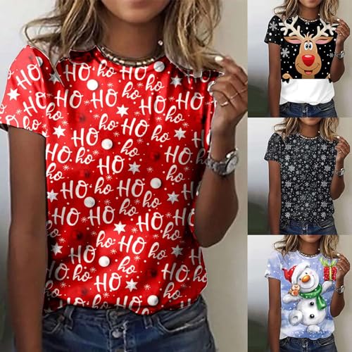 Camisetas Femininas Árvores De Natal Boneco De Neve Camisetas Tampas De Manga Curta Camiseta De