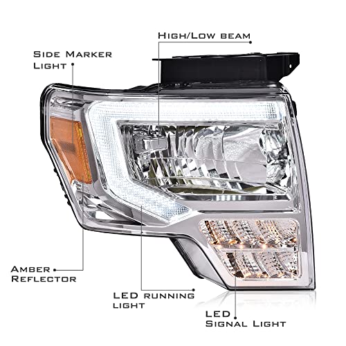 Image of G-PLUS LED Tube Headlights Assemblies Compatible with Ford F150 2009-2014 Headlamps Left Driver & Right Passenger Side Clear Lens Chrome Housing Amber Reflector