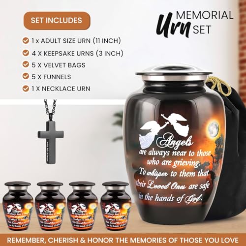 Image of Set of 6 Funeral & Cremation Urn for Ashes for Women & Men with 1 Large Urn for Ashes Adult Male & Female, 4 Small Urns & 1 Cross Necklace for Ash of Loved One - Moonlight with Angel Quote
