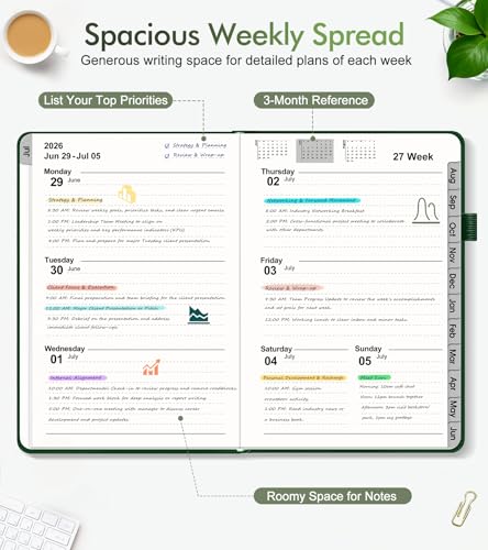 Planner 2026-2027, Academic Weekly and Monthly Calendar Planner from July 2026 - June 2027, Hardcover Leather Daily Agenda Book with Tabs, College School Organizer for Student Teacher, A5 (5.75" x 8.38"), Green - Image 3