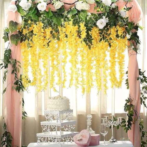 Image of 6 Pcs Artificial Polyester Hanging Flower Wisteria Vines Fake Flowers Vines for Home Party Wedding Garden Outdoor Greenery Decoration (6, Yellow)