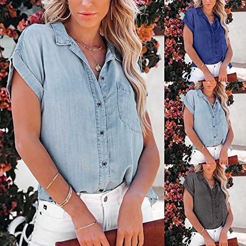 NLAVW Womens Summer Button Down Denim Shirt Short Sleeve Casual Shirts Tops Loose Fit Jean Jacket Blouses Fit Tunic Blouse4