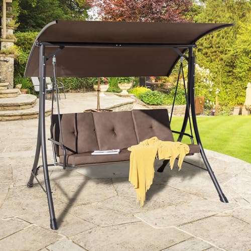 Image of Tangkula 3 Person Porch Swing, Outdoor Swing with Removable Cushions, Solid Steel Structure, Patio Swing with Adjustable Canopy for Garden, Backyard, Balcony, Poolside