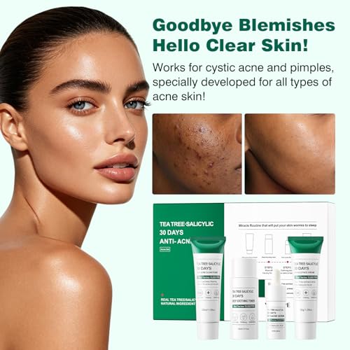 YAFUSIPE Tea Tree Salicylic Acid Facial Skin Care Set & kits, Mini Travel Size Set for Acne Prone Skin - Cystic Hormonal Acne Treatment with Face Cleanser Toner Serum Cream Moisturizer