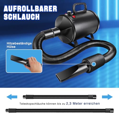 3500W Hundefön Blower Sehr Leise Tierhaartrockner Blower Hundefön Einstellbare Geschwindigkeit mit 4 Düsen Pet Dryer Fön für Haustiere Haustier Hundepflege Trockner Hundetrockner Gebläse für Hunde