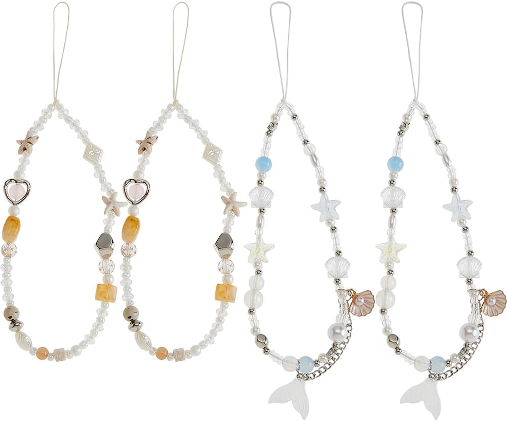 4Pcs Beaded Camera Wrist Strap Set Mixed Fishtail Starfish Charms with Glass-Plastic Beads Handmade Lanyard Phone Chains for Digital Camera Accessories & Phone Decor