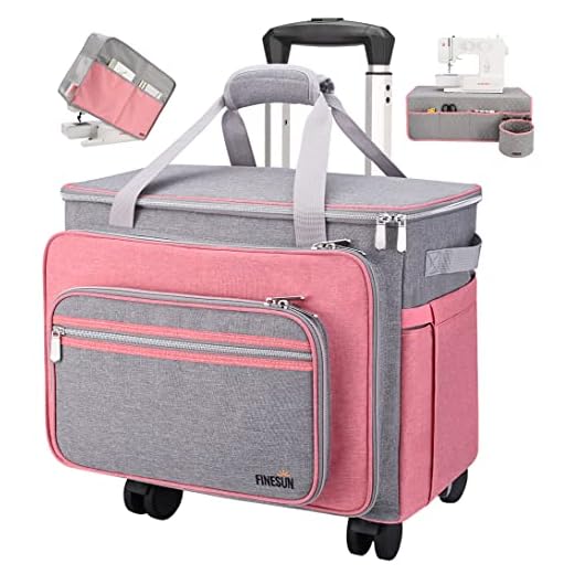 FINESUN Sewing Machine Case with Wheels, 3 in 1 Foldable Deluxe Rolling Sewing Machine Carrying Bag for Brother, Singer, Bernina and Most Machines,Pink