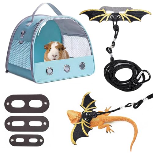 Bygytyo Bearded Dragon Travel Carrier with Lizard Leash Harness, Small Animal Carrier Bag Harness Leash with Bat Wings, 10X10X12, Blue