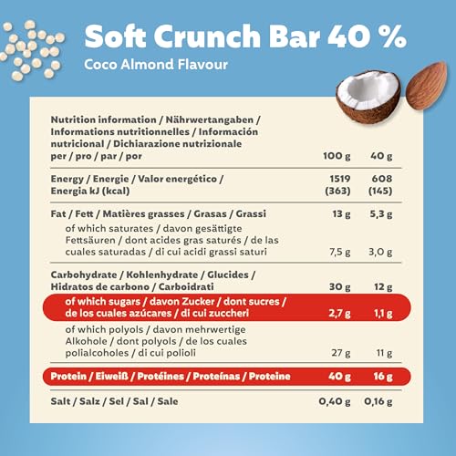 Premier Protein Soft Crunch Bar 40% Protein Coco-Almond 12x40g - Hoher Proteingehalt + Low Sugar + Palmölfrei
