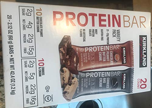 Kirkland Signature Protein Bar Variety Pack 20 Count Chocolate Peanut Butter Chunk & Cookies and Cream Gluten Free 21-22g of Protein 2g Sugar No Artificial Flavors Whey Protein Isolate