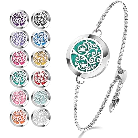 ttstar Essential Oil Diffuser Bracelet Stainless Steel Aromatherapy Locket Adjustable Diffuser Bracelet with 24pcs Refill Pads in 12 Colors Gift Set for Women Girls Mother's Day Christma(Tree of Hope) Cover