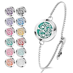ttstar Essential Oil Diffuser Bracelet Stainless Steel Aromatherapy Locket Adjustable Diffuser Bracelet with 24pcs Refill Pads in 12 Colors Gift Set for Women Girls Mother’s Day Christma(Tree of Hope)