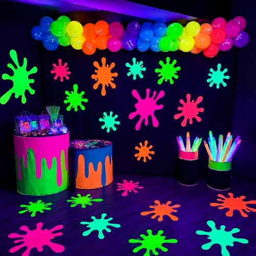 Engrowtic 12 Pcs UV Neon Glow Paint Splatter Cutouts Blacklight Reactive Art Party Decorations Splash Silhouette Colorful Thick Cardstock for Creative Space School Bulletin Board Craft Wall Decor