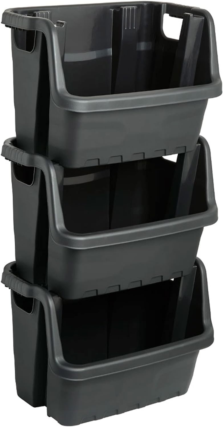 Storm Trading Group Black Set Of 3 Stacking Plastic Storage Open Fronted Order Picking Waste/Recycle/Laundry Sorting Plastic Bins Boxes