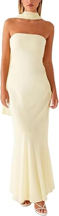 Women Tube Top Floral Dress with Scarf Mesh Maxi Dress Strapless Cocktail Long Dresses Wedding Guest