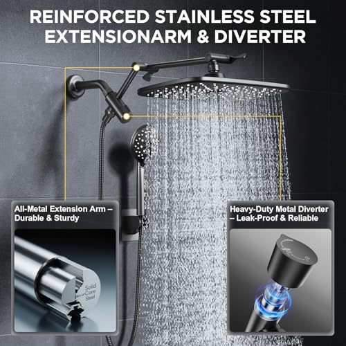Image of Veken 11.8 inch Rain Shower Head with Handheld, High Pressure Handheld Shower Heads with Multi Spray Modes, Rainfall Combo with 15 inch Metal Extension Arm,Detachable Dual Shower, Long 6 ft. Hose,Matte Black