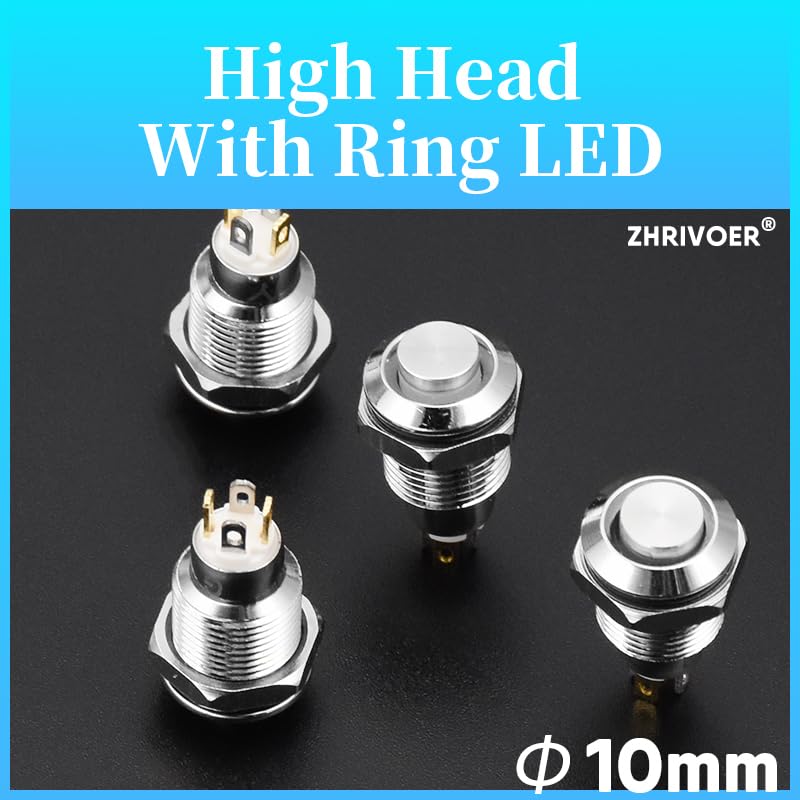 1pc 10mm Metal Push Button Switch with LED Indicator Self-Reset Momentary 4pins High Head 3v5v12v24v220v(Red,12-24V)