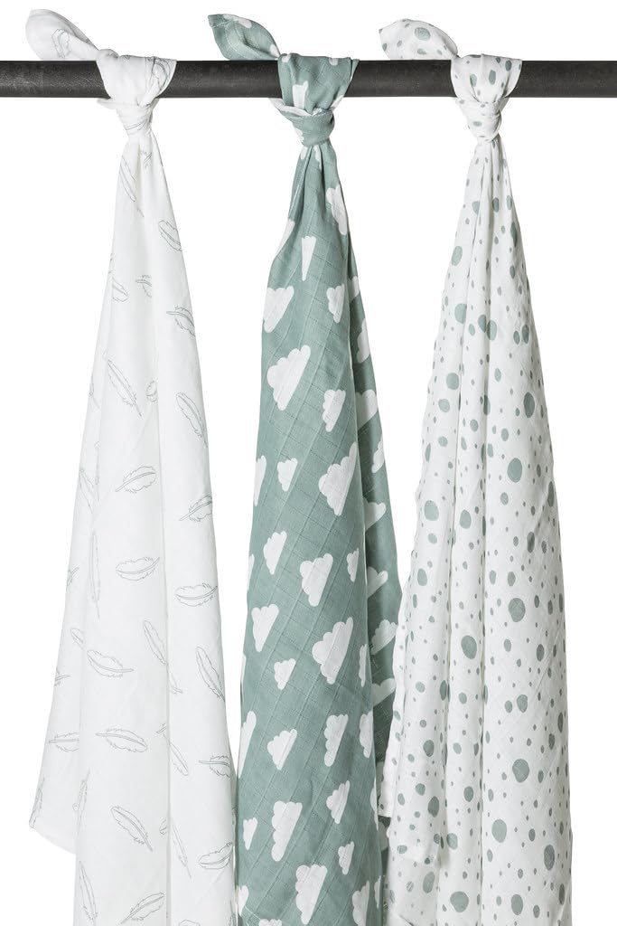 Meyco Baby Mullwindeln 3er Pack - 120x120cm - Musselin Spucktücher/Pucktuch - 100 % weiche Baumwolle - Oeko Tex zertifiziert - saugfähig, hautfreundlich & atmungsaktiv - Wolke/Punkte - Steingrün/Weiß