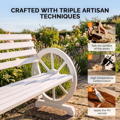 Image of VINGLI Rustic Wooden Wheel Bench Outdoor Bench, Patio Bench Wagon Slatted Seat, Garden Benches for Outdoors 350lbs High Capacity, Weather Resistance (White, 41in)
