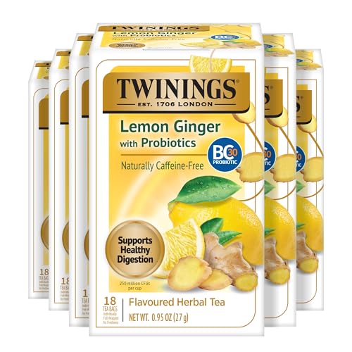 Image of Twinings Superblends Probiotics+ Lemon & Ginger Flavoured Herbal Tea with Turmeric, Caffeine Free, 18 Count (Pack of 6), Enjoy Hot or Chilled