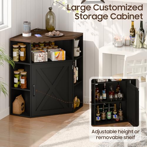 Image of Halitaa Corner Storage Cabinet, Farmhouse Corner Bookshelf with Storage 6-Cubby Wooden Cabinet with USB Ports and Outlets Industrial Organizer for Small Space, Study, Playroom, Black and Brown
