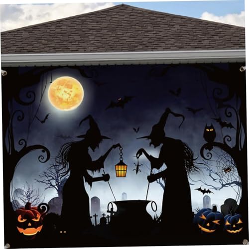 Toile de fond Halloween pour porte de garage 13x6 pieds avec sorcières effrayantes