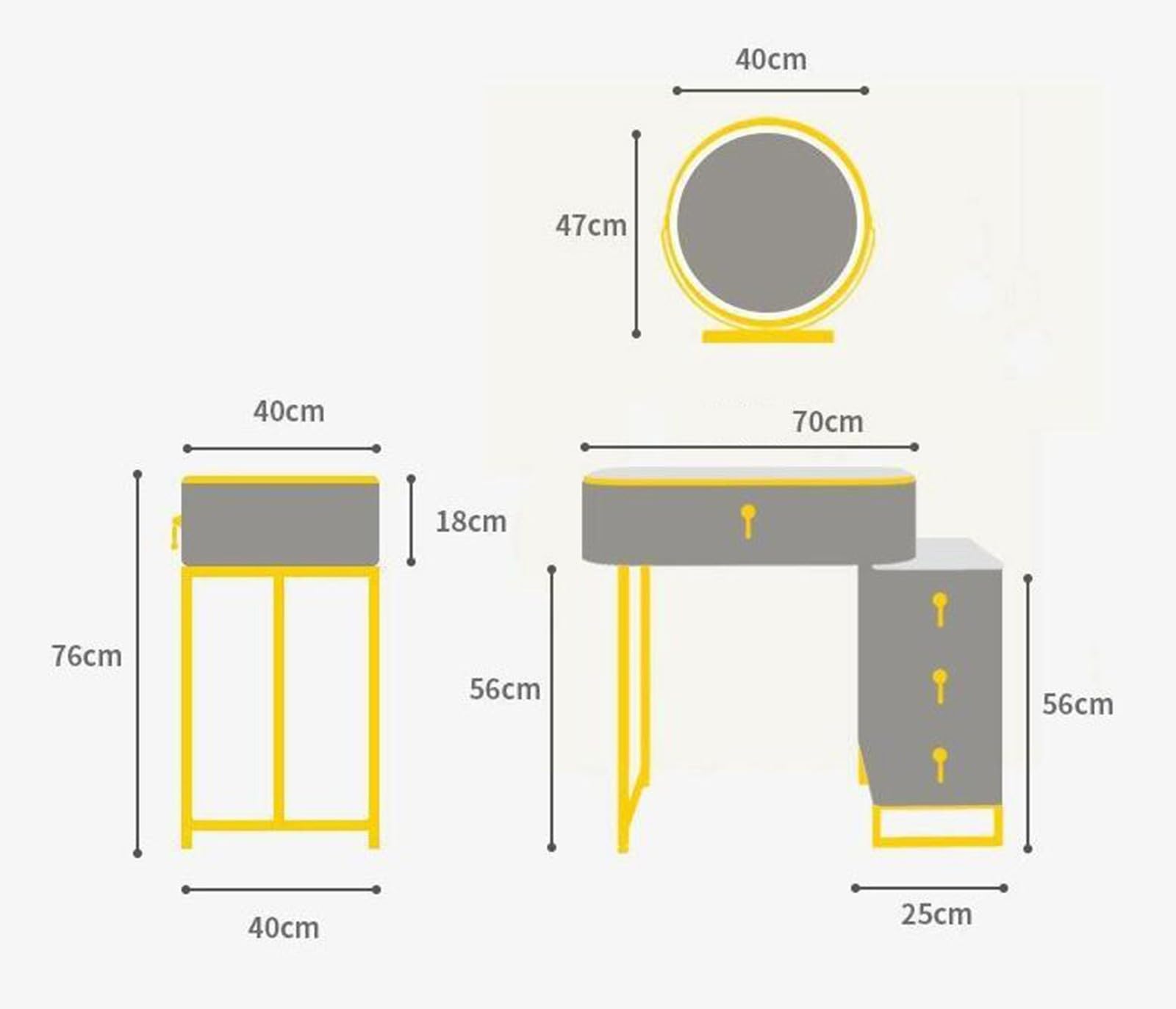 Juego de tocador, Juegos de tocador pequeños de 70 cm, tocador con Espejo con luz LED táctil, con 4 cajones y Taburete Acolchado, con gabinete de Almacenamiento