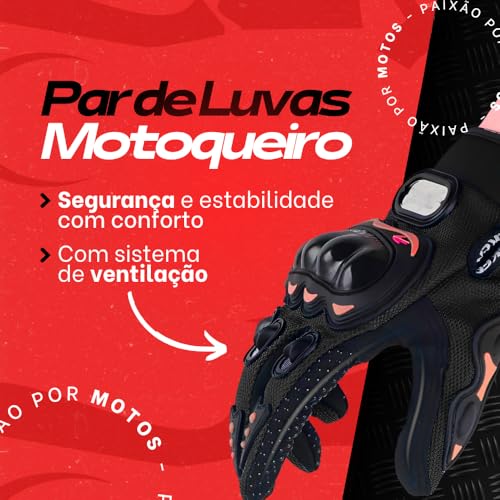 Par Luva Motoqueiro Motociclista Bike Proteção Moto Tamanho Unico Preta com Poucos Detalhes Vermelho